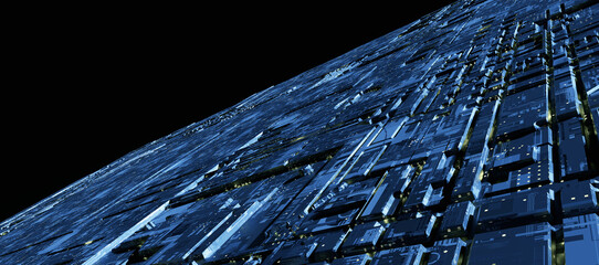 Space station or Sci-fi style futuristic facility or space age external panel surface background, with black space in background. Pipeline like external device.  3D Illustration, 3D rendering. © killykoon