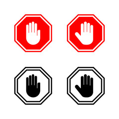 Stop icons vector. stop road sign. hand stop sign and symbol. Do not enter stop red sign with hand