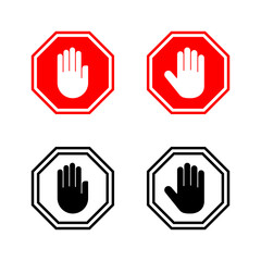Stop icons vector. stop road sign. hand stop sign and symbol. Do not enter stop red sign with hand