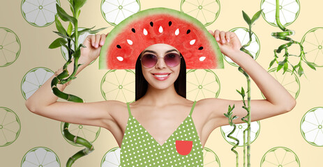 Happy woman with watermelon hat and plants on colorful background, banner design. Summer party concept. Stylish creative collage