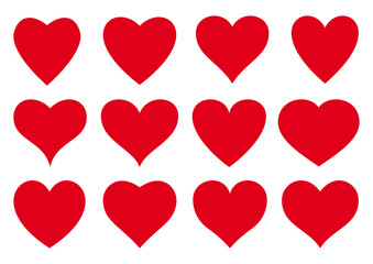 Hearts icons set. Flat red elements wich text greeting wedding card. Romantic holiday symbol love Valentine Day. Heart decorative graphic design shape isolated vector illustration