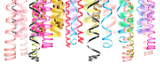 Many serpentine streamers on white background, banner design. Party decor