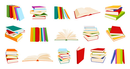 Book stack icon isometric education color flat set. Pile various magazine notebook thick encyclopedia world book day. School sticker planner diary design collage cozy tab. Concept read study isolated
