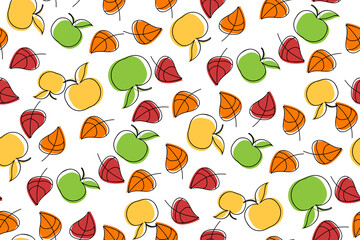 Leaves and apples seamless pattern for wallpaper, textile or packaging. Vector color background from botanical elements repeat. attern leafs gold, red, color. Endless foliage and fruit illustration.