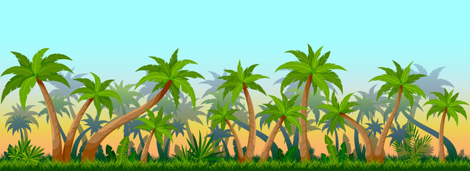 Fototapeta premium Tropical palm tree seamless sunrise flat background. Subtropical wallpaper tourism company profile screen saver exotic country travel site. Dense summer foliage forest landscape horizontal morning sky