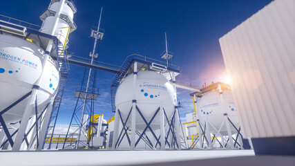 Hydrogen renewable energy production - hydrogen gas for clean electricity solar and windturbine facility. 3d rendering. - 506743276