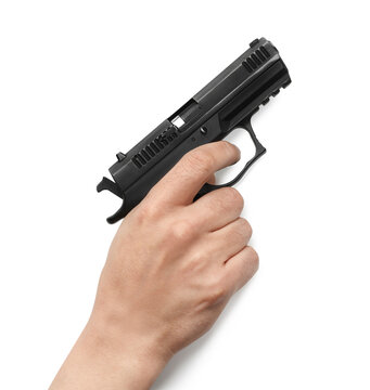 Man holding semi-automatic pistol on white background, closeup. Space for text