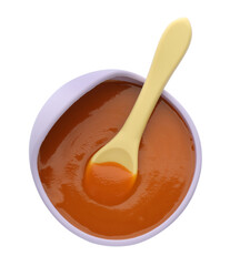Healthy baby food in bowl on white background, top view