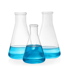Different laboratory glassware with light blue liquid on white background