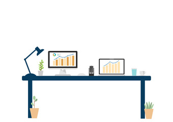Fototapeta premium vector illustration home office data analysis, growth investing graph, progress automatic data analysis management, full time investing at home or office