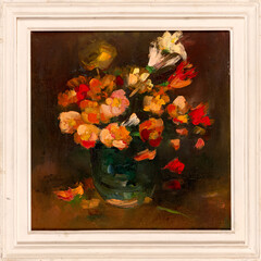 Framed still life hand made oil painting on canvas depicting flowers bouquet in a vase, impressionism style.