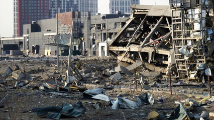 Kyiv, Ukraine - 21.03.2022: War in Ukraine. Russian rocket blew up a shopping center in Kyiv
