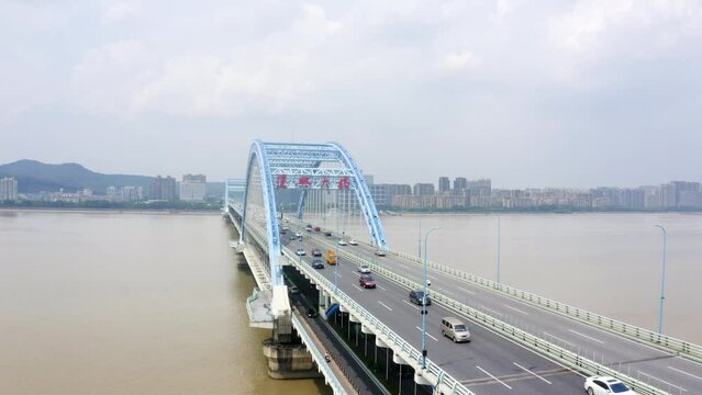 aerial view of fuxing grand bridge over qiantang river
