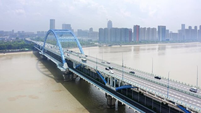 aerial view of fuxing grand bridge over qiantang river

