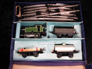 Vintage 1950's wind up tin train set toy boxed