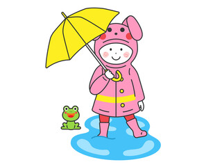 傘をさして、ウサギのレインコートを着て、水溜りに入る女の子のイラスト