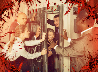 Men and women in business suits solving puzzles to get out of horror style escape room
