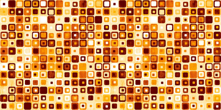Seamless Vintage 70s retro stacked disco squares wallpaper pattern in a nostalgic warm rust red, orange, brown and yellow palette. A grungy 8k background textile texture.