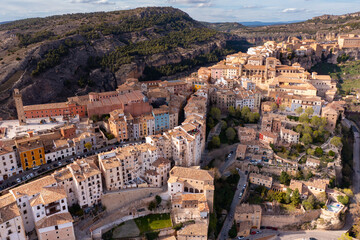 Fototapeta premium Top view of the houses and roofs of the city of Cuenca. Castilla-La Mancha, Spain