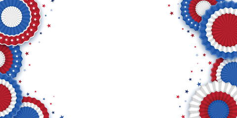 4th of July American Independence Day. Happy Independence Day. Red, blue and white star confetti, paper decorations on white background. Flat lay, top view, copy space, banner