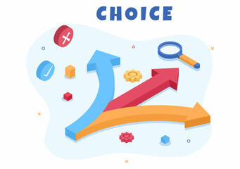 Make Your Choice or Choose the Right Success Road Illustration in Several Directions of Arrows, Yes or No, Door with a Question Mark Concept