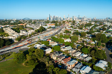 Aerial view of houses in a suburb close to to Sydney CBD in Australia - 506748839