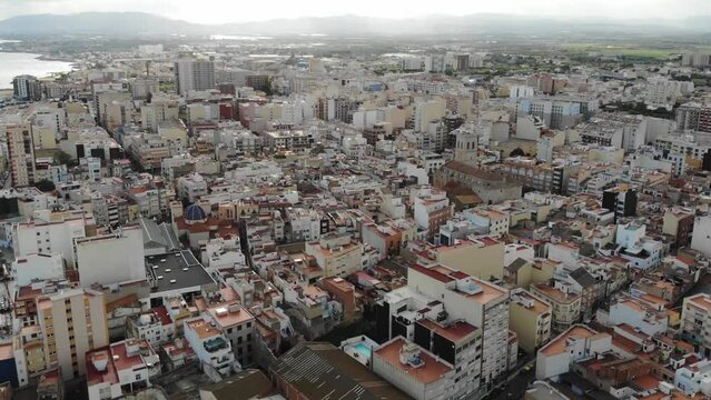 Drone Aerial View Of A Small Town With Dense Buildings (Vinaros, Spain)