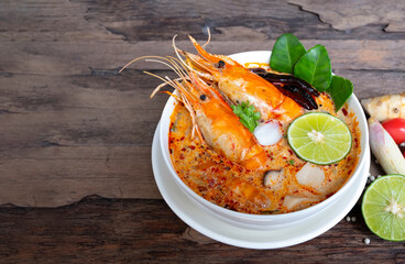 Tom Yum Goong or Shrimp soup spicy sour Soup Traditional food in Thailand contains chili,...