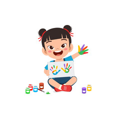 little kid make painting with hand stamp
