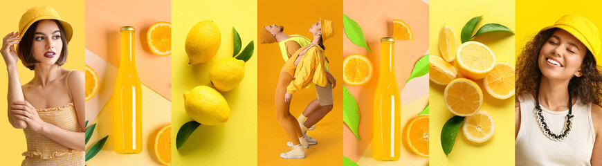 Collage of stylish young people, sour lemons and tasty soda drinks on yellow background