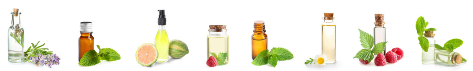 Set of different essential oils isolated on white