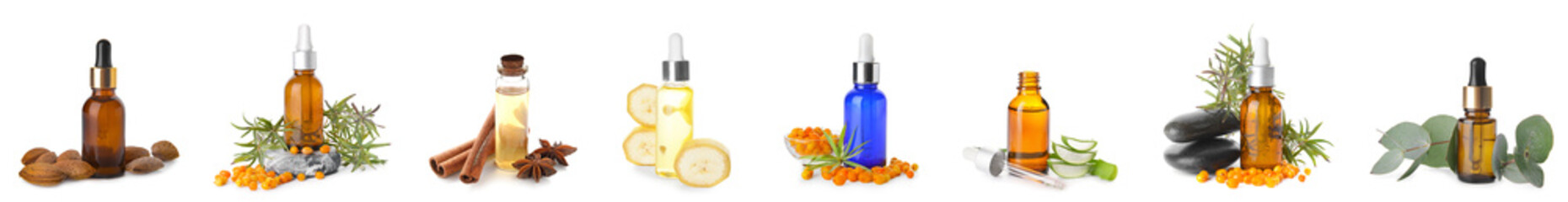 Set of many different essential oils isolated on white