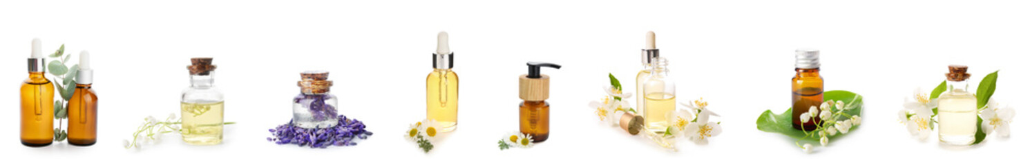 Set of many different essential oils isolated on white