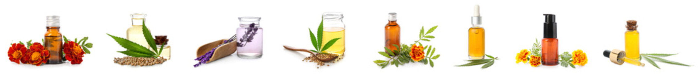 Set of different essential oils isolated on white