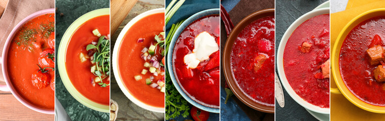 Set of tasty red soups in bowls, top view
