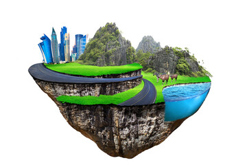 round soil ground cross section with earth land and  modern city  . fantasy floating island with...