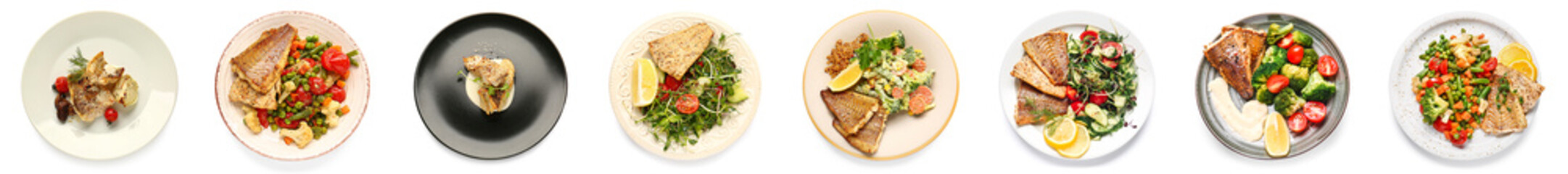 Set of plates with tasty baked cod fish fillet and vegetables on white background, top view