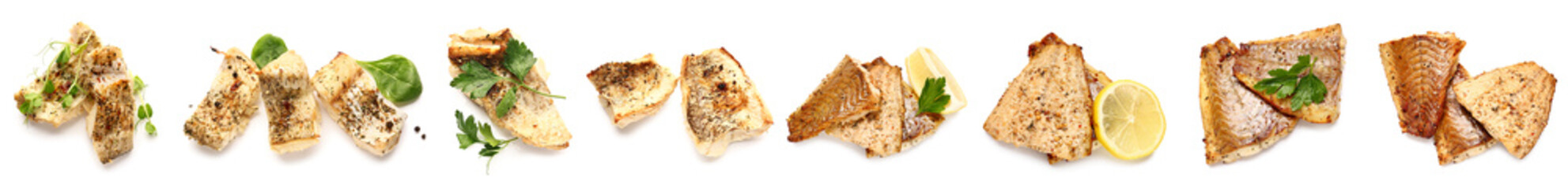 Set of tasty baked cod fish fillet with spices on white background, top view