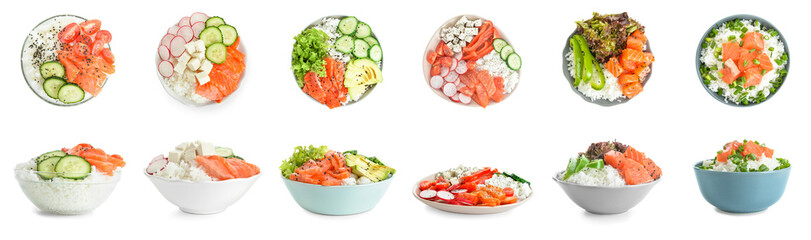 Set of pokee bowls with boiled rice, marinated salmon and fresh vegetables on white background