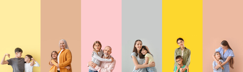 Collage with hugging people on colorful background