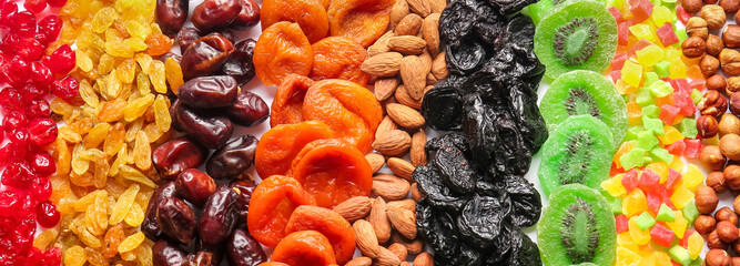 Different dried fruits and nuts, top view