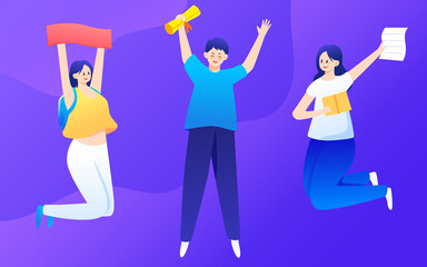 Students are preparing for exams with a clock and books in the background, vector illustration