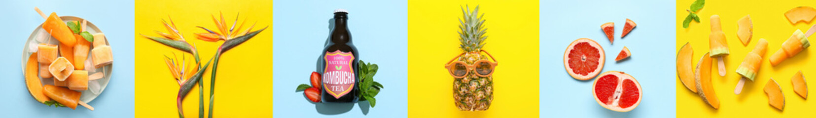 Summer collage of sweet melon ice-cream with tropical flowers, fruits and kombucha drink on colorful background