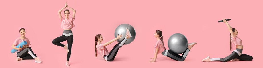 Set of sporty young woman doing yoga and pilates on pink background
