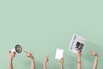 People with newspaper, tablet computer and megaphone on green background - obrazy, fototapety, plakaty