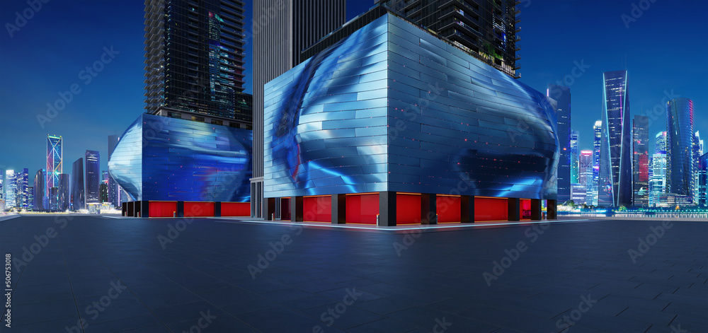 Poster perspective view of empty floor with modern building