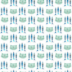Pattern with fishes and head of kittens. Vector illustration isolated on white background. For packaging, baby products, prints and clothing, holidays, flyers and brochures, various designs.