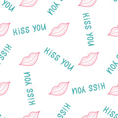Cute pattern with pink lips and green text kiss you on white background for the design of textiles, bed linen, child clothing, wrapping paper.