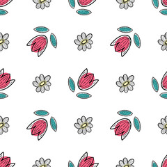 Pattern with cute pink tulips and white flowers on white background for the design of textiles, bed linen, child clothing, wrapping paper.