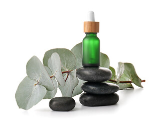 Fototapeta na wymiar Composition with bottle of natural serum, spa stones and eucalyptus branch on white background